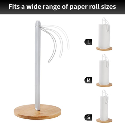 Wood Paper Towel Holder with Fixer, Free-Standing Kitchen Towel Holder with Non-Slip Wooden Base - White