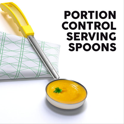 Portion Control Serving Spoons - (8 Piece Set) Restaurant Measuring Serving Ladle Utensils for Weight Loss, Bariatric Gastric Sleeve, Includes 2, 4, 6, 8 oz Solid & Perforated Scoops, 14-1/4" Long