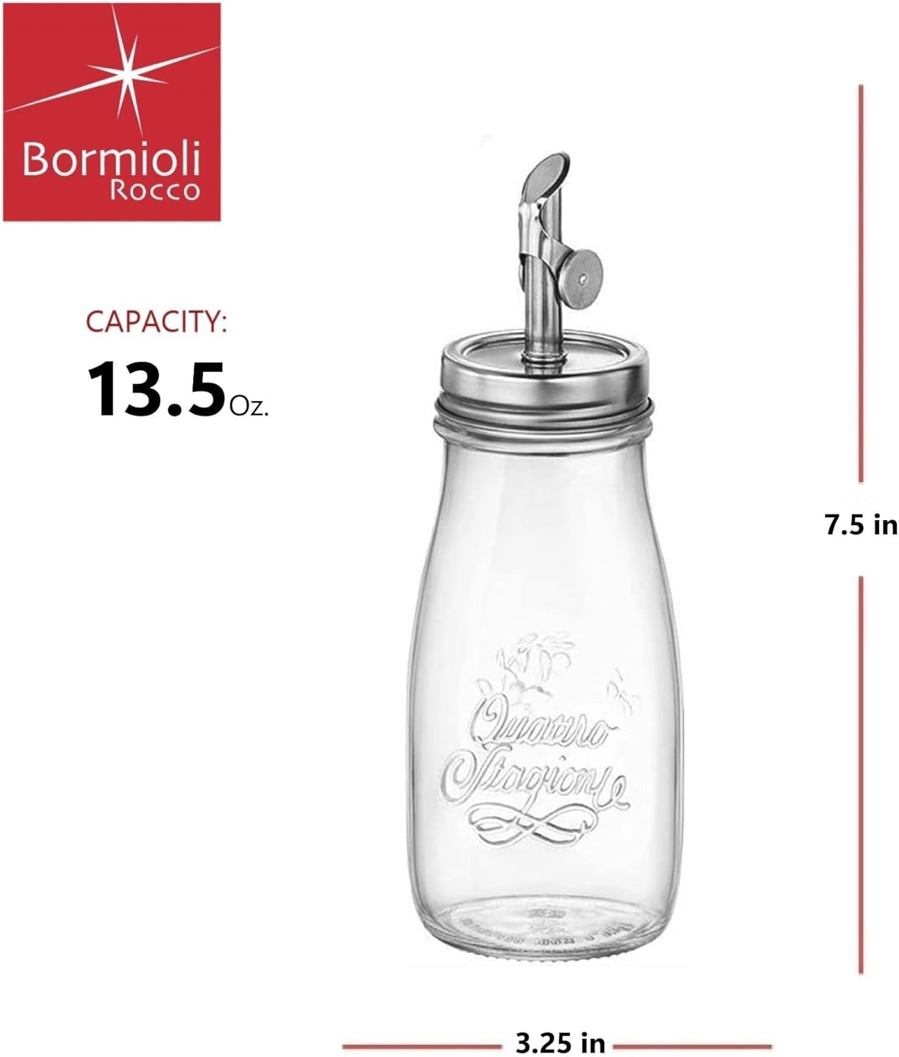 13.5 Oz Bormioli Rocco Quattro Stagioni, Olive Oil Dispensers with Weighted Pourer, Durable Glass, Made in Italy