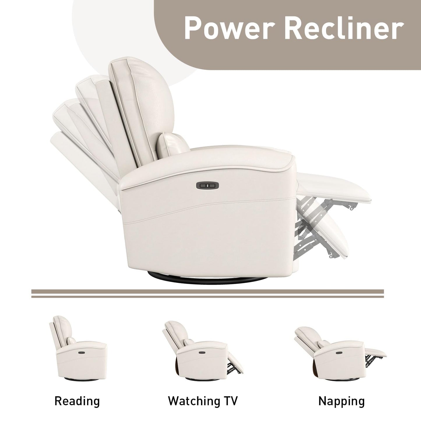 Bonzy Home Power Swivel Rocker Recliner Chair with USB Port, 23.2" Wide Seat, Fixed Lumbar Support, Upholstered Glider Chair for Nursery Living Room, Beige