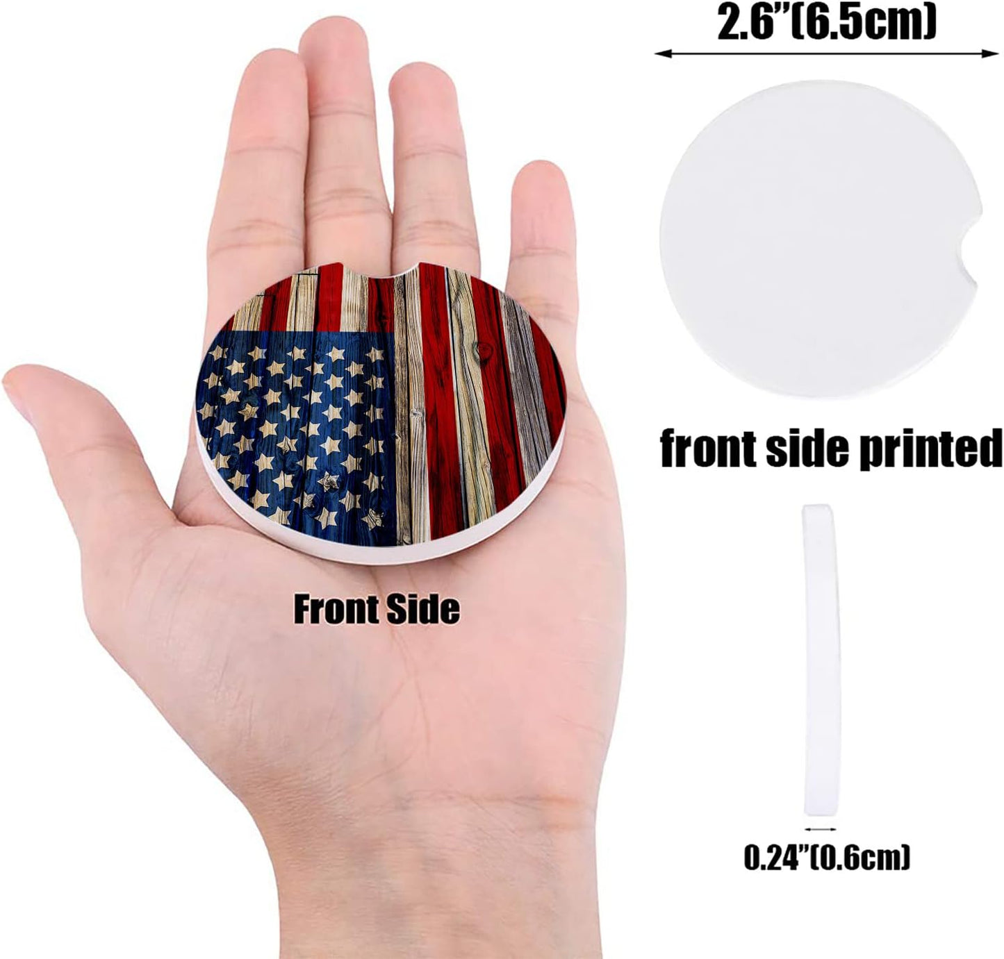Independence Day 4th of July Car Coasters, 2 Pack Absorbent Ceramic Stone Cup Holders Set, Rustic American Flag