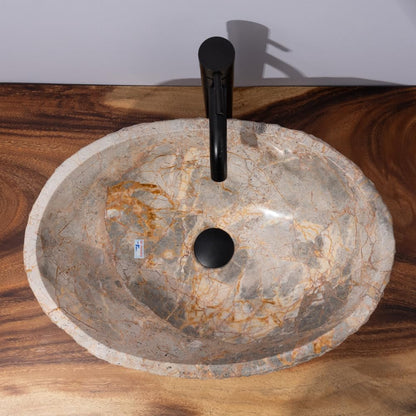 Golden Gray Marble Vessel Sink, Hand-Carved Canoe-Shaped Bathroom Sink in Solid Natural Marble, Beige with Gold & Gray Earth Tone Veins – Modern Rustic Countertop Sink