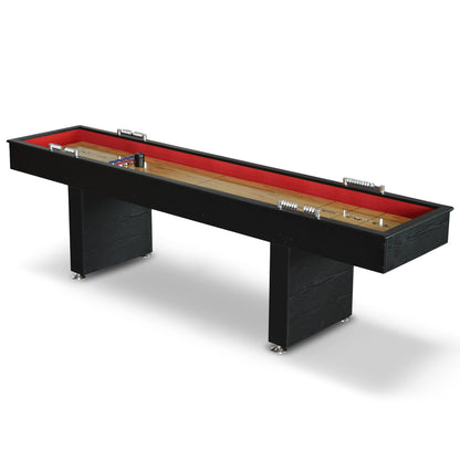 Hathaway Avenger 9 Ft Shuffleboard Table for Family Game Room – Poly-Coated Playfield, Built-in Scorer & Cabinet, Carpeted Gutters, 8 Pucks, Brush & Wax – Black Finish