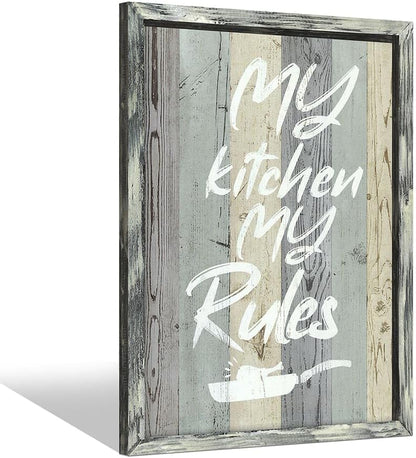 Kitchen Quotes Wooden Wall Art: Rustic Farmhouse Framed Funny My Kitchen My Rules Saying Print for Dining Room Decor