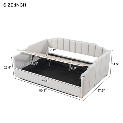 DNYN Full Size Upholstered Daybed for Bedroom,Guest Room,Lift Up Storage Bedframe w/Wood Slat Support,Space Saving Design, Beige