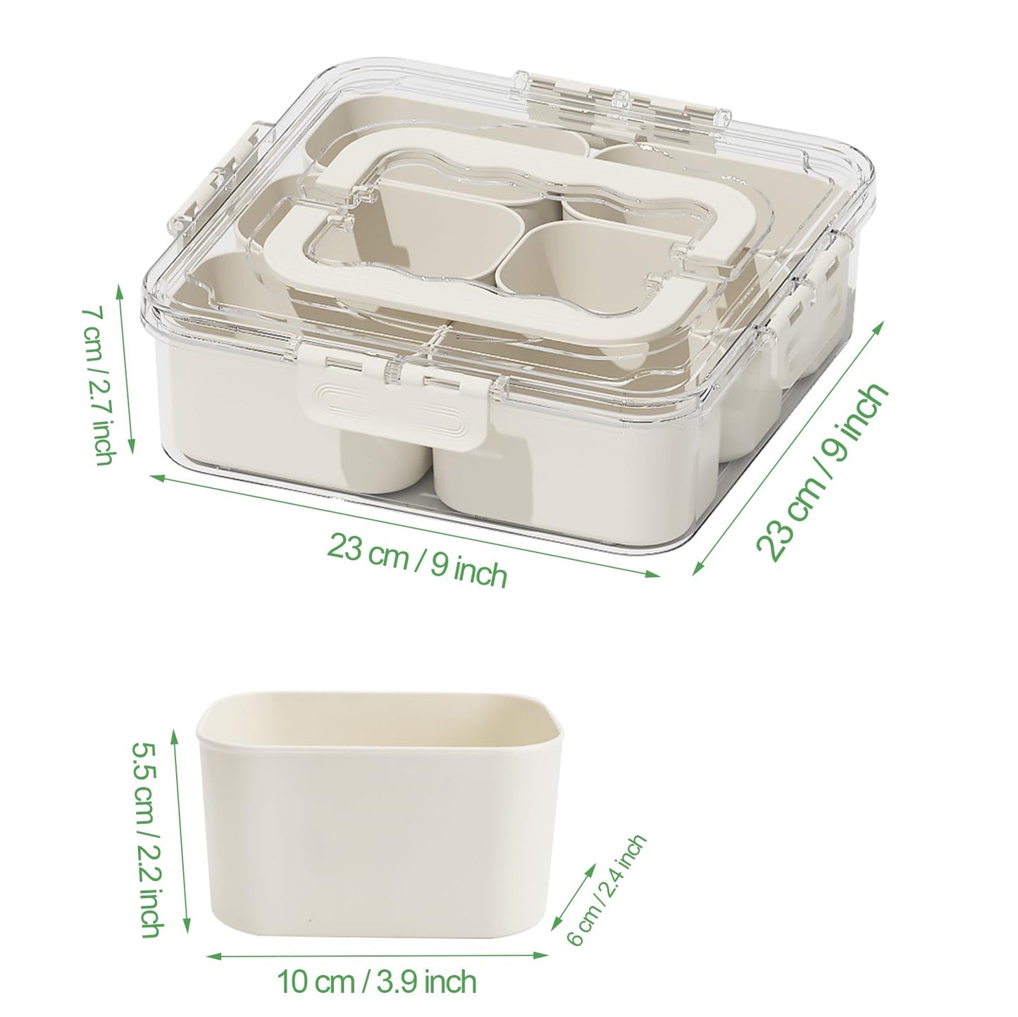 Divided Serving Tray with Lid and Handle, Portable Snack Box Container, 6 Compartments Veggie Fruit Snackle Tray, Charcuterie Platter Container for Party, Nuts, Snacks, Picnic,2 Pack, MEDIUM SIZE