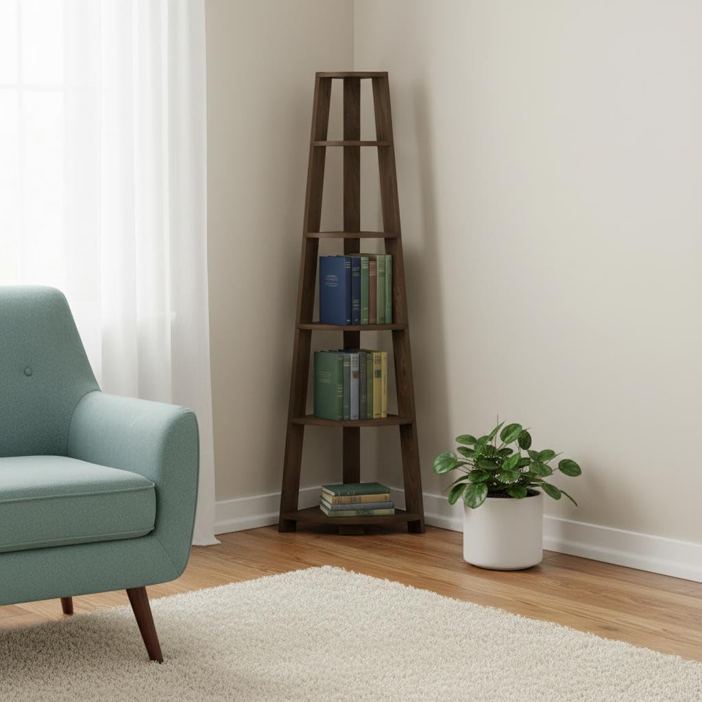HomeRoots 489812 71.25 x 22.50 x 15.50 in. Dark Brown Wood 5-Tier Corner Bookcase