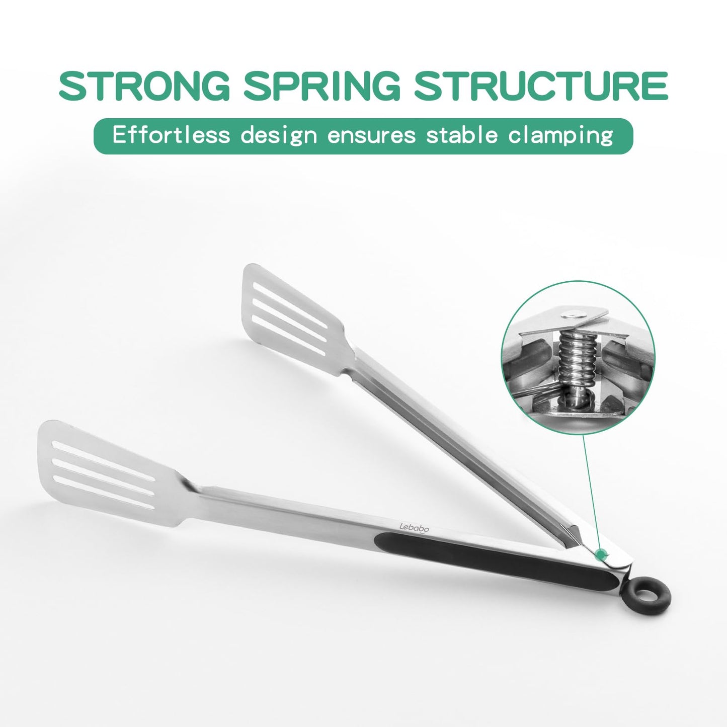 Lebabo Metal Tongs for Cooking, Set of 2 Stainless Steel Spatula Tongs for Grilling, Cooking and Flipping, Strong Grip for Ribs, Steak and Fish, Comfortable Grip, Easy Pull Lock, 9 inch & 12 inch