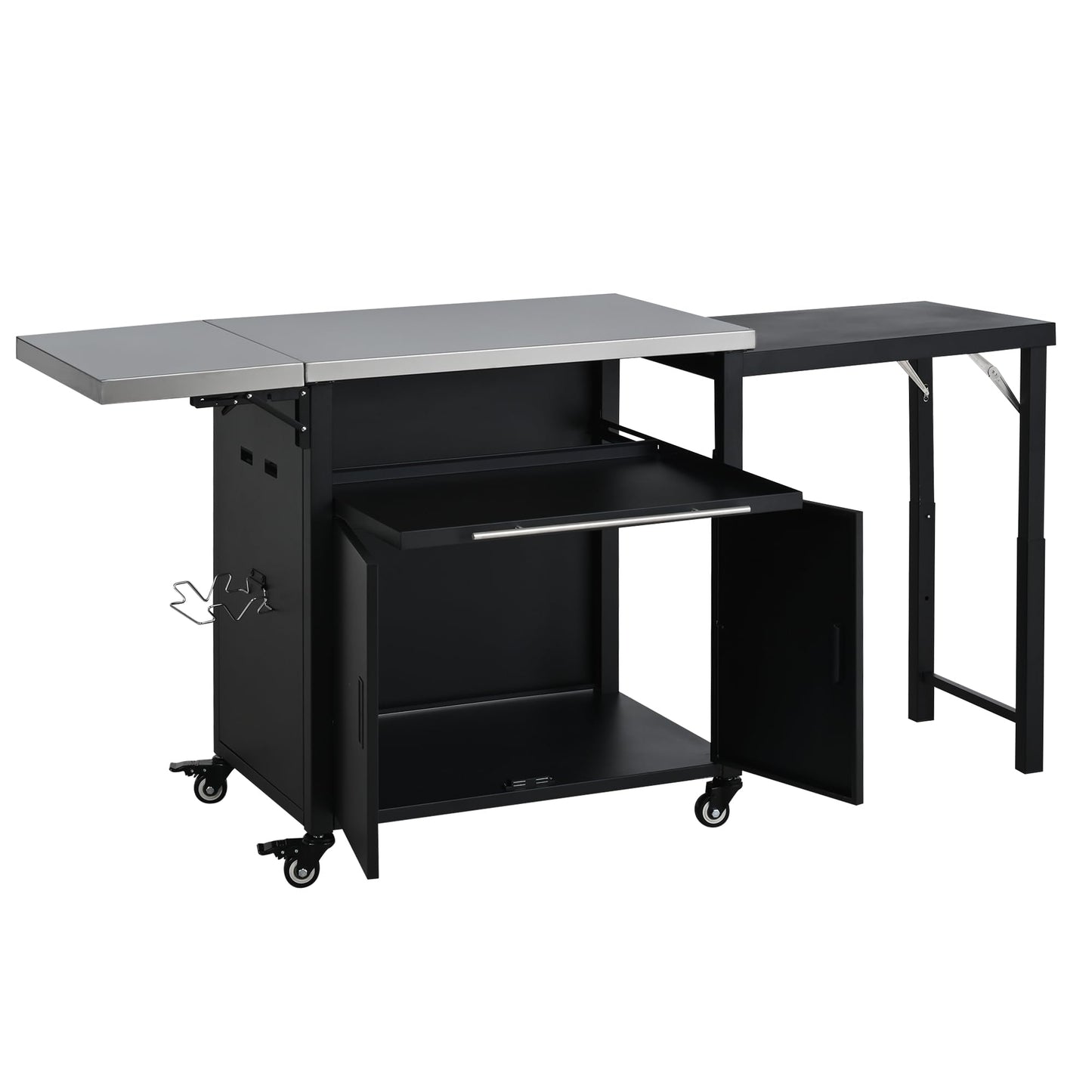 Outdoor Folding Kitchen Cart with Dual Stainless Steel Tops, Rolling Grill Prep Table with Cabinet Drawer and Trash Rack, Portable BBQ Serving Cart with Lockable Wheels for Patio Backyard, Black
