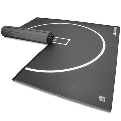 Meister FlexFloor Wrestling Mat - 10ft x 10ft Roll-Up Pro Training Mat for Home & Gym - Black