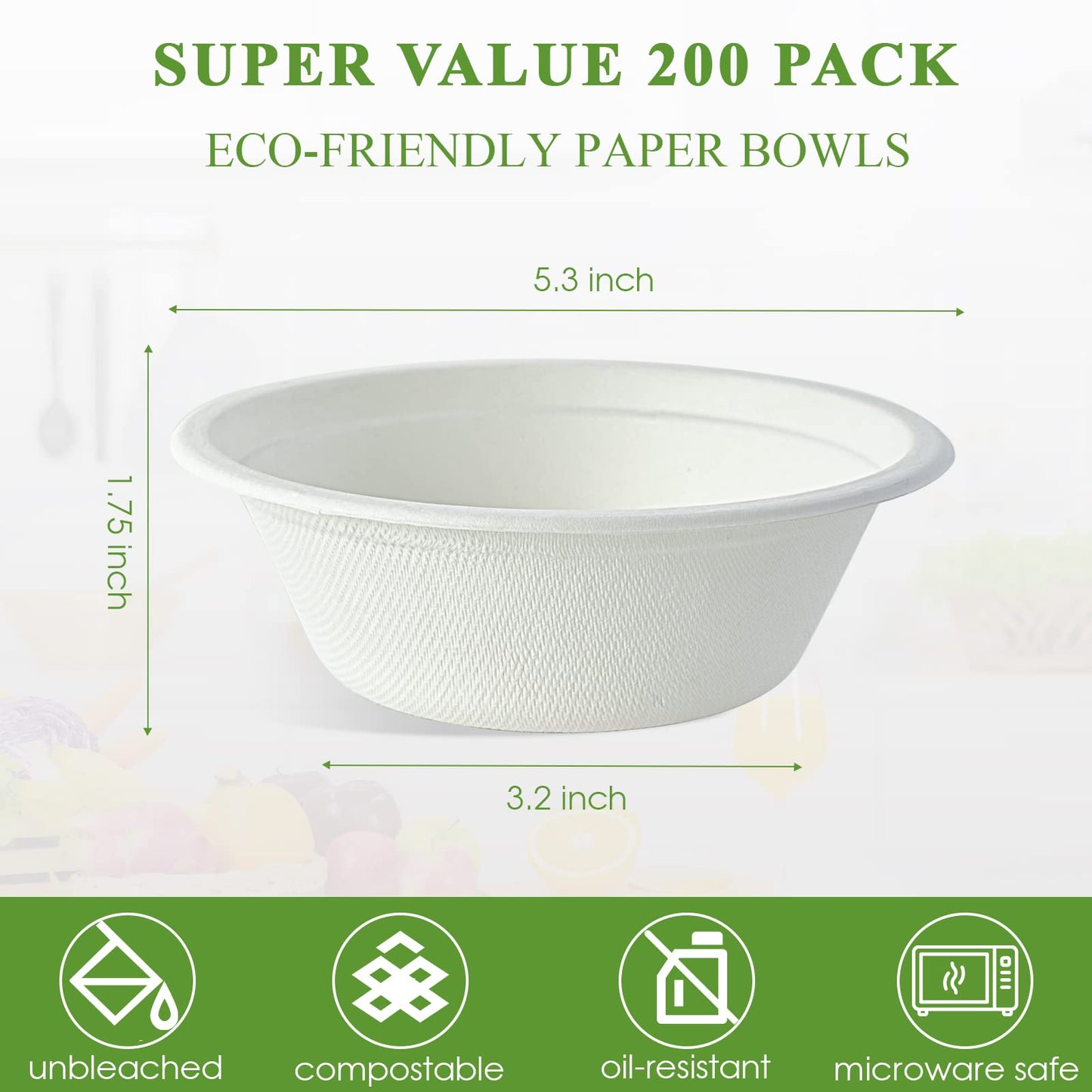 Vplus 200 Pack 12 OZ Paper Bowls, Disposable Compostable Bowls Bulk, Eco-friendly Bagasse Bowls, Heavy-duty Bowls Perfect for Milk Cereals, Snacks, Salads