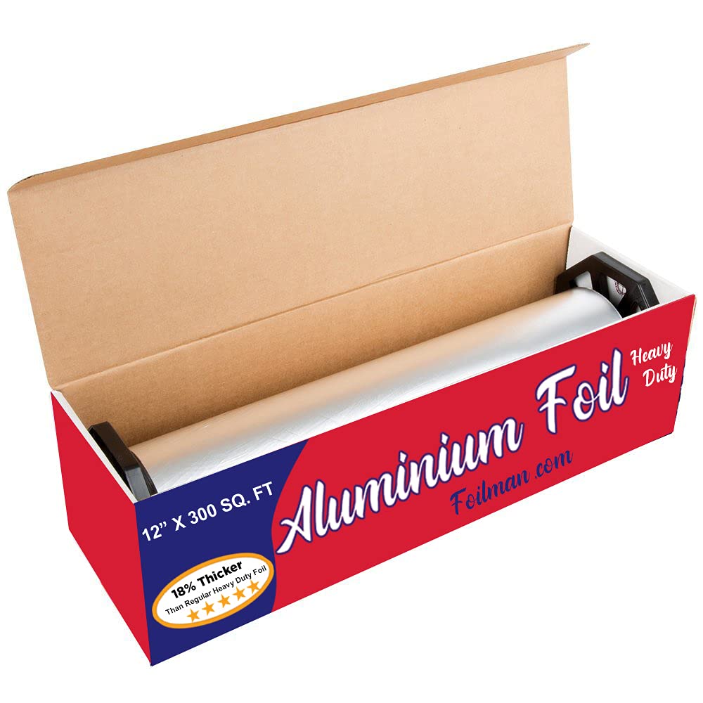 Foilman Thick & Heavy Duty Aluminum Foil Roll with Sturdy Corrugated Cutter Box, Food Safe Cling Wrap for Cooking, Baking, Roasting, Grilling, Freezer Storage - Durable Kitchen Use - 12 in x 300 sq ft