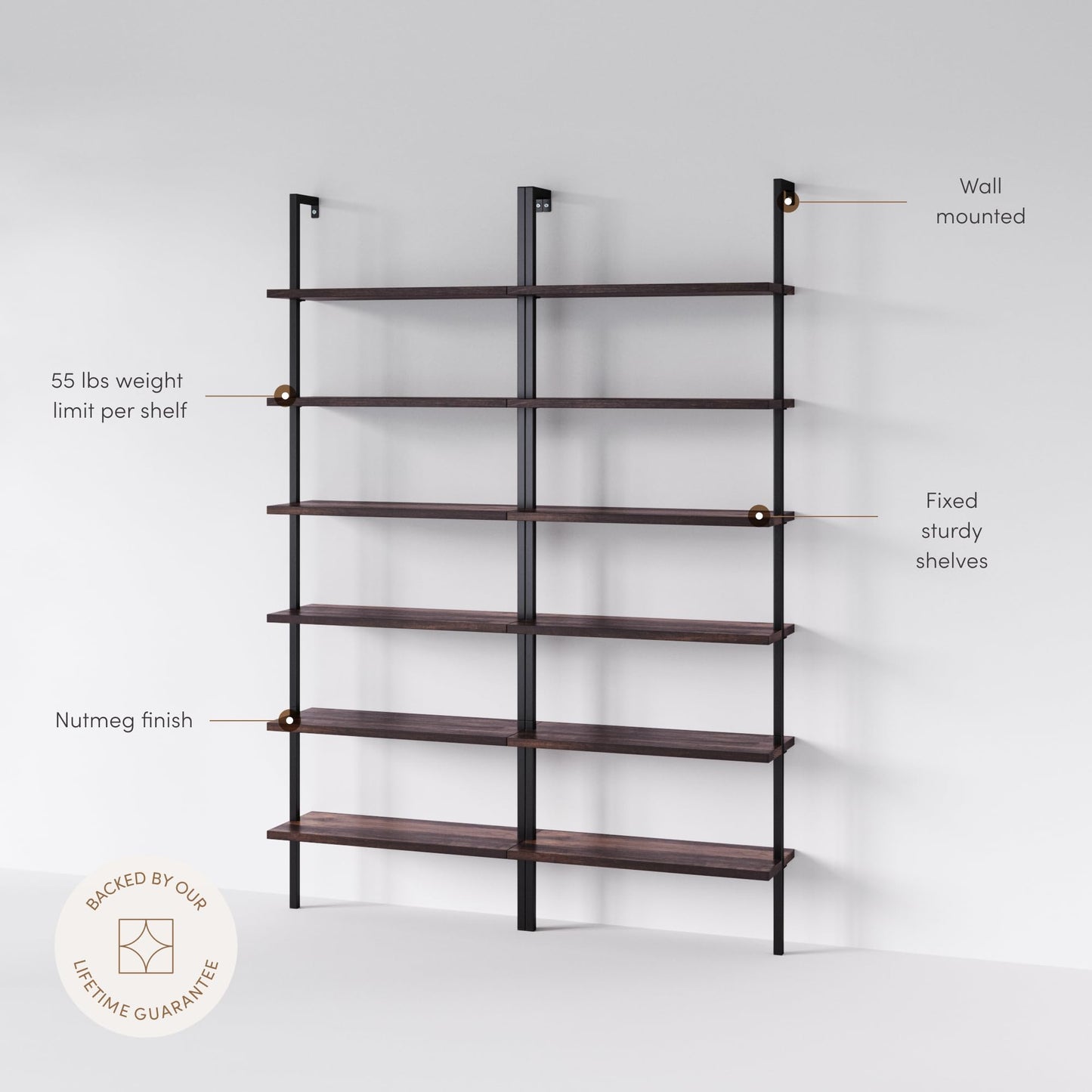 Nathan James Theo 6-Shelf Tall Bookcase, Wall Mount Bookshelf with Natural Wood Finish and Industrial Metal Frame, Nutmeg/Matte Black, Set of 2