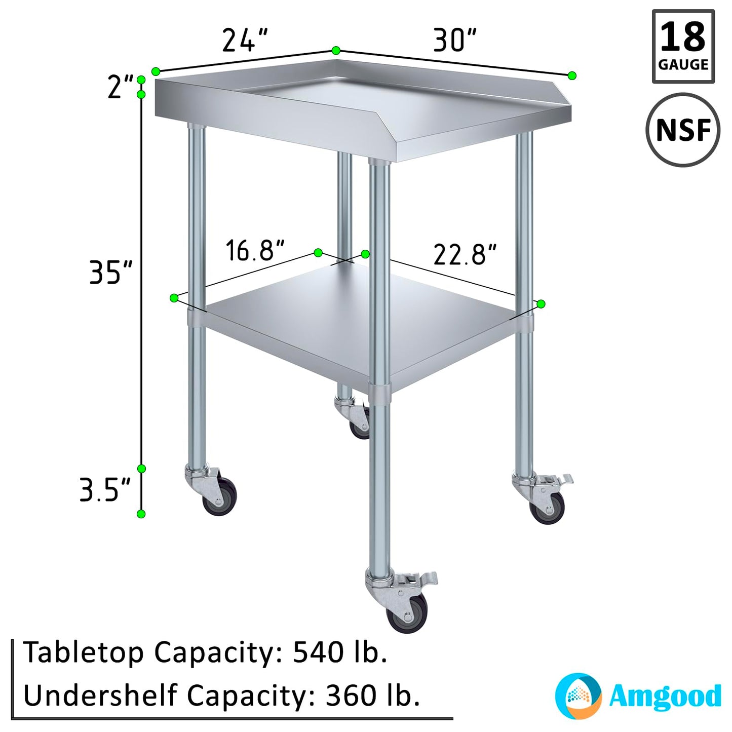 AmGood Commercial Work Table with Backsplash and Sidesplashes with Casters | NSF (Stainless Steel Table with Sideguards + casters, 24" Long x 30" Deep)