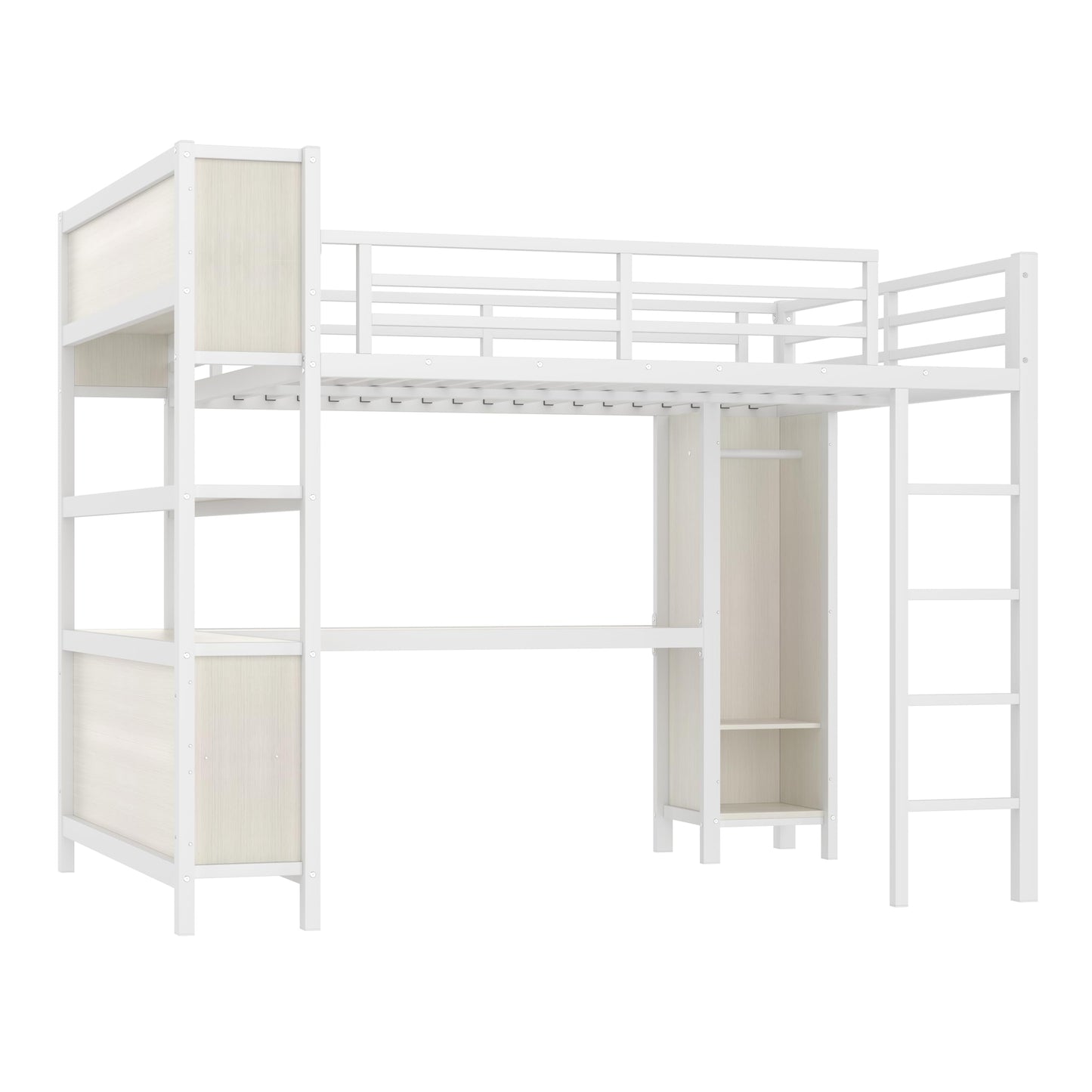 Bellemave Queen Loft Bed with Desk & Wardrobe, Heavy Duty Metal Loft Beds with Storage Shelves, Space Saving Loft Bed Queen Size with Safety Guard, White Wood Grain