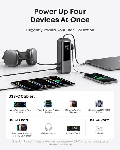 Anker Laptop Power Bank, 25,000mAh Portable Charger with Triple 100W USB-C Ports, Built-in and Retractable Cables, for iPhone 16/15 Series, MacBook, Samsung, and More (Flight-Approved)