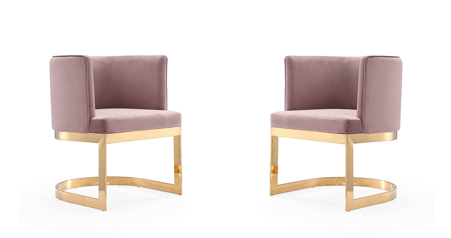 Manhattan Comfort Aura Velvet Dining Chair with Modern Floating Frame Design, Curved Backrest, Upholstered Padded Cushions, Polished Brass Finish, No Assembly Required, Set of 2, Blush