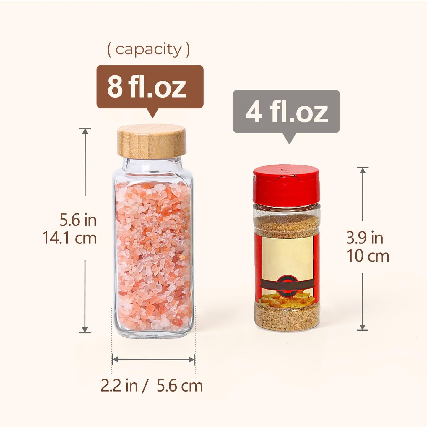 ComSaf 8 oz 6Pcs Glass Spice Jars with Label, Empty Spice Containers with Bamboo Lids, Square Seasoning Containers Trial and Supplement Set, Small Seasoning Bottles for Salt, Herbs, Sugar, Pepper