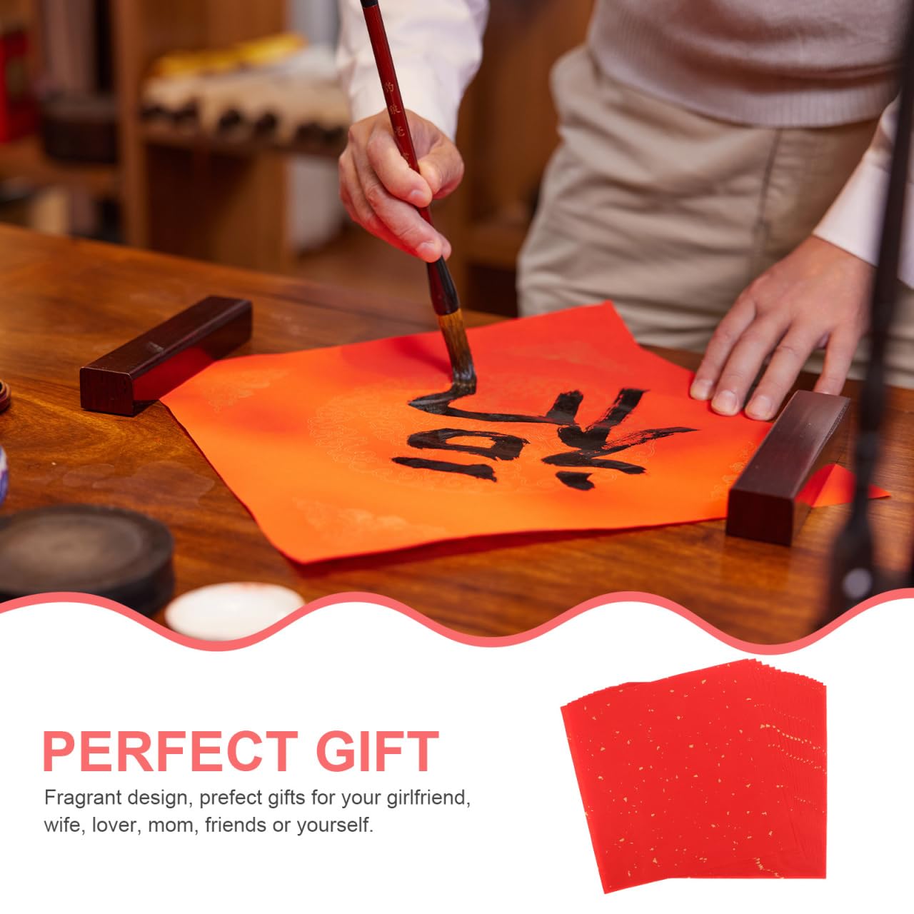 DOITOOL 60 Sheets Chinese Calligraphy Practice Paper Traditional Xuan Rice Paper Pad 8.66X8.66In for Brush Lettering Spring Festival Couplets Lunar New Year Crafts with Gold Fleck Design