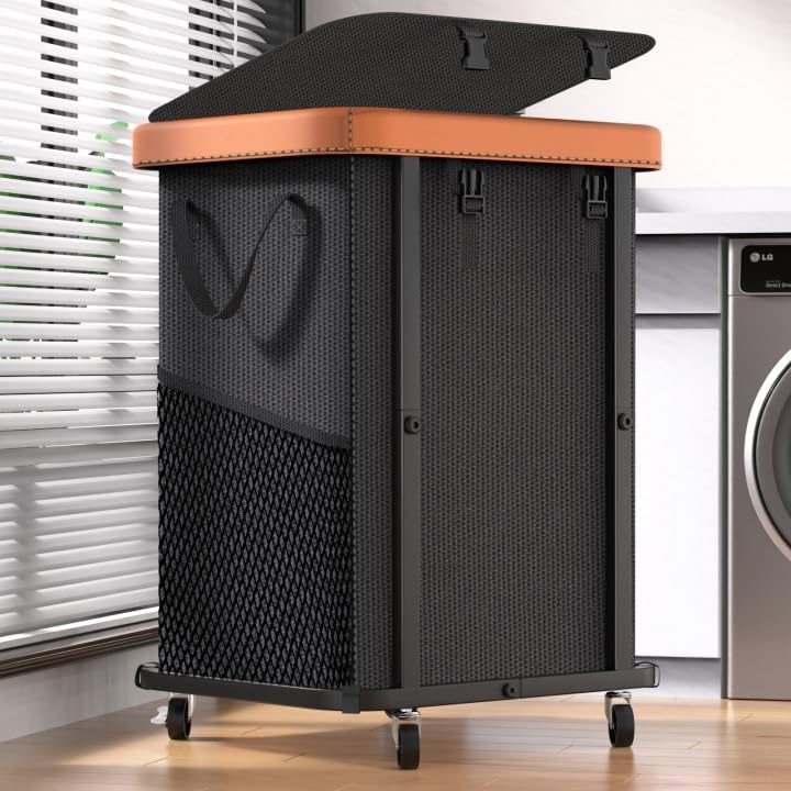 150L (40 Gal) Large Fashion Laundry Basket with Wheels, Leather Patchwork Rolling Hamper Carts, Sturdy Metal Frame