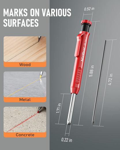 Nicpro 18 Pack Carpenter Pencil Set with Sharpener, Mechanical Carpenter Pencils with 76 Refills and Carbide Scribe Tool, Deep Hole Marker, Heavy Duty Construction Pencil for Architect-With Case