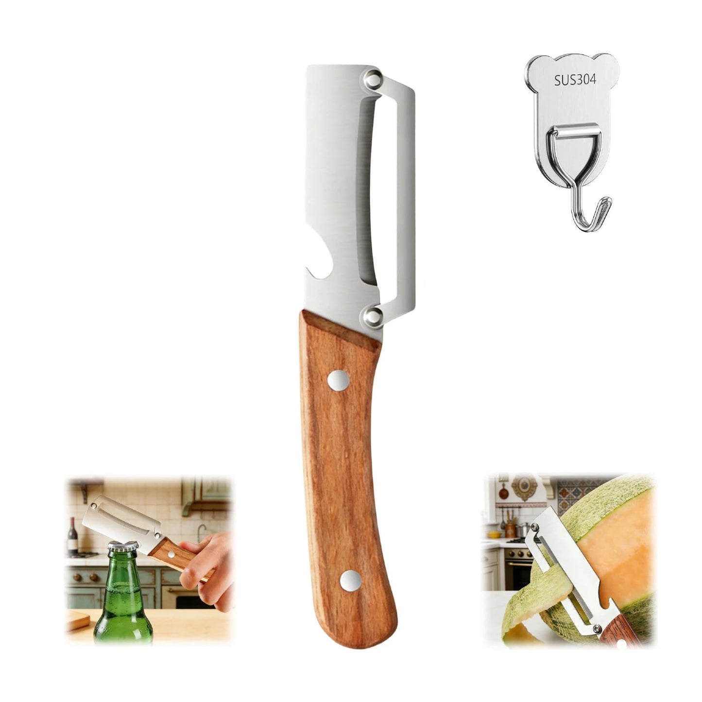 Vegetable Peelers for Kitchen, Multi-functional Vegetable Peeler for Kitchen,Peeler with Wooden Handle and Bottle Opener