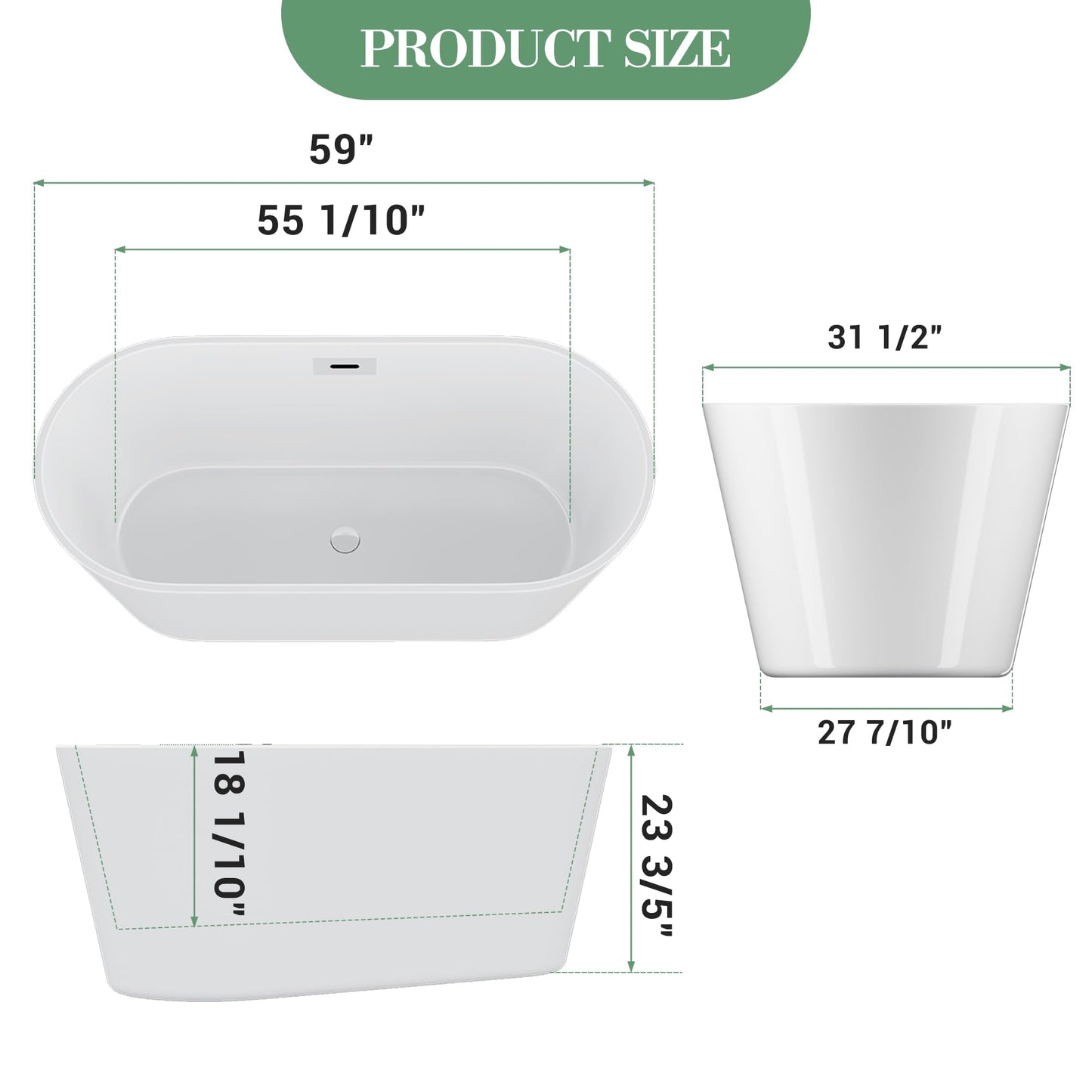 59 Inch Freestanding Bathtub Acrylic Free Standing Tub 59 Inch, Free Standing Tub with Chrome Drain & Overflow, Ergonomic Stand Alone Tub for Small Bathroom or Home Spa