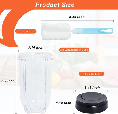 MB1001 16OZ Replacement Cups with Lids Compatible with Magic Bullet 250W Blenders Juicer with Brush 3 Packs