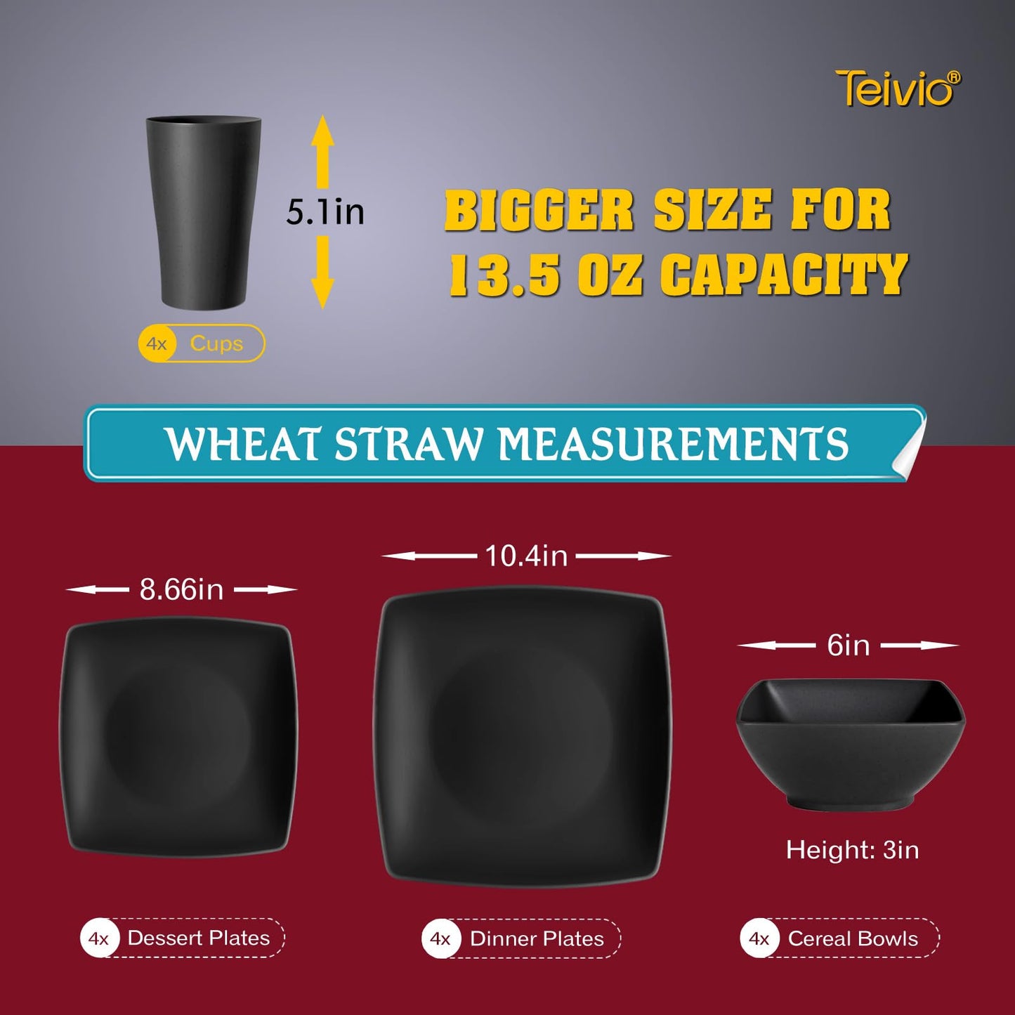 Teivio 16-piece Plastic Wheat Straw Square Dinnerware Set for 4, Unbreakable Dinner Plates, Salad Plates, Snack Bowls, Tumblers 13.5 oz, Dishwasher Safe, Kitchen Outdoor Camping,Black