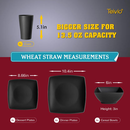 Teivio 16-piece Plastic Wheat Straw Square Dinnerware Set for 4, Unbreakable Dinner Plates, Salad Plates, Snack Bowls, Tumblers 13.5 oz, Dishwasher Safe, Kitchen Outdoor Camping,Black