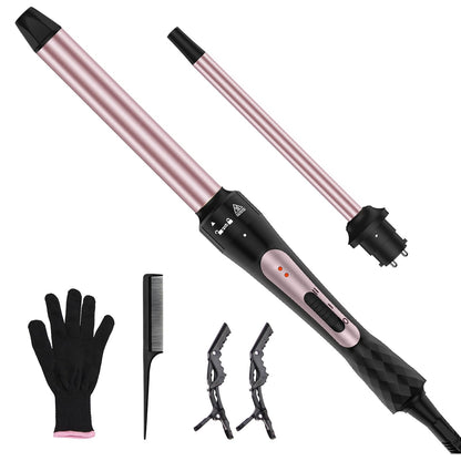3 in 1 Curling Iron, Curling Wand Set with 3 Interchangable Ceramic Beach Waves Wands(0.75"-1.25"), Dual Voltage 30s Fast Heating with Heat Resistant Glove & 2 Clip for Long/Short All Hairstyle