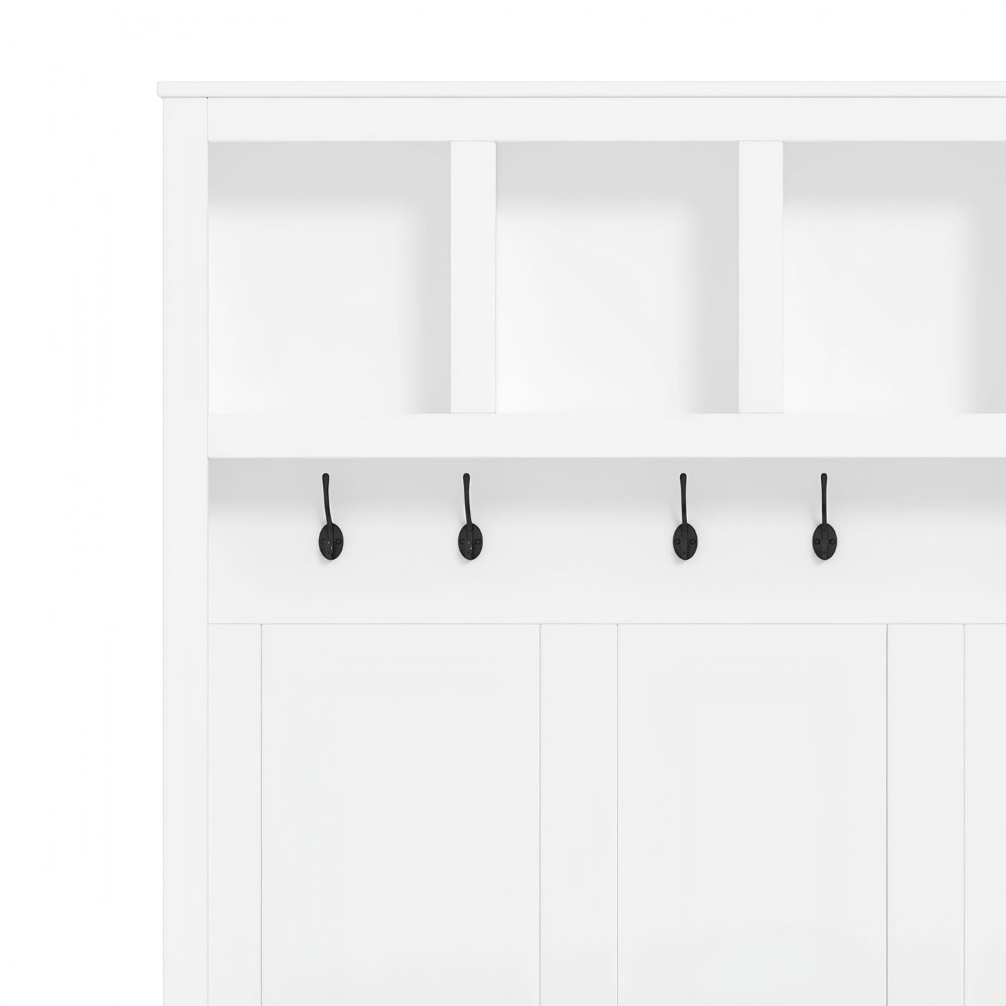 Merax Hall Tree with Bench and Shoe Storage, Farmhouse Wooden Coat Rack with 6 Hooks, Built-in 18 Open Compartments, for Entryway, Living Room, White