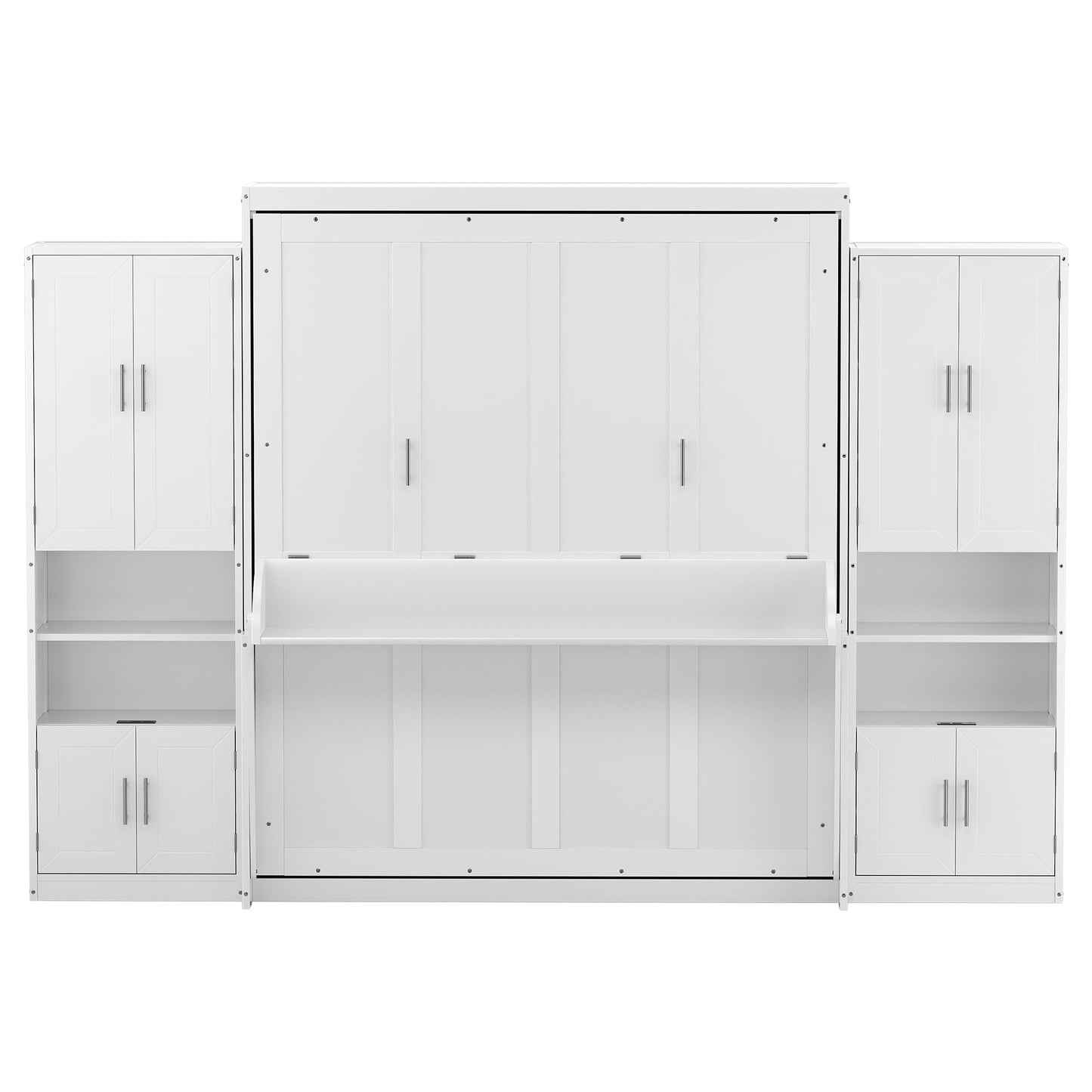 PVWIIK Queen Size Murphy Bed with Storage Drawers & Desk,Wall Bed Frame Folding into Cabinet Design w/Charging Station & Storage Shelf for Small Space,Bedroom,Guest Room,White