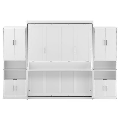 PVWIIK Queen Size Murphy Bed with Storage Drawers & Desk,Wall Bed Frame Folding into Cabinet Design w/Charging Station & Storage Shelf for Small Space,Bedroom,Guest Room,White