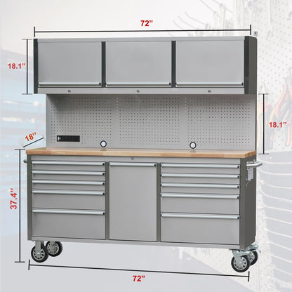 UYRIE 72" Stainless Steel Rolling Tool Chest with 11 Drawers + 3 Upper Cabinets, Large Lockable Storage Cabinet, Mobile Workbench with Wheels for Garage Workshop (1 × HTC7214W1)