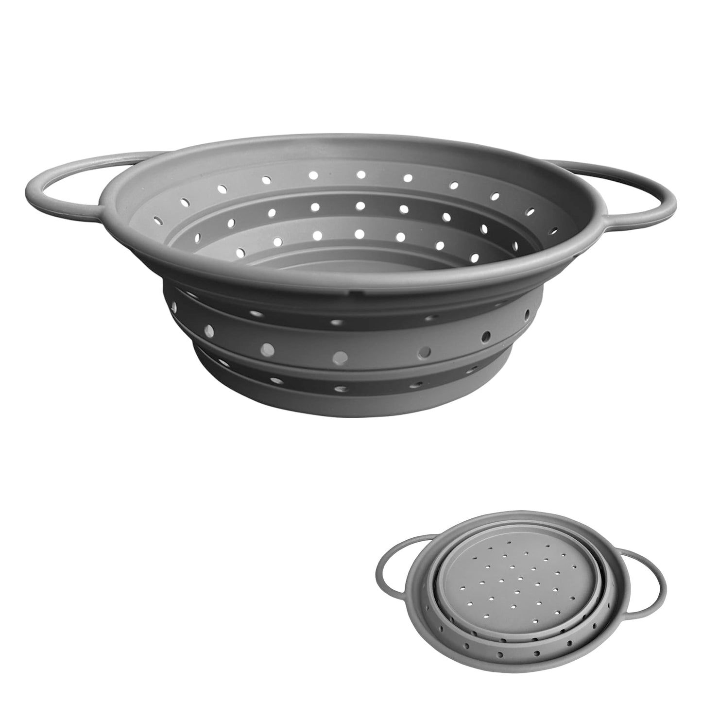 Collapsible Colander with Handle, Silicone Kitchen Colander for Easy Storage,Four-side Fast Draining Silicone Draining Basket, Perfect for Fruits Vegetables (Gray L)