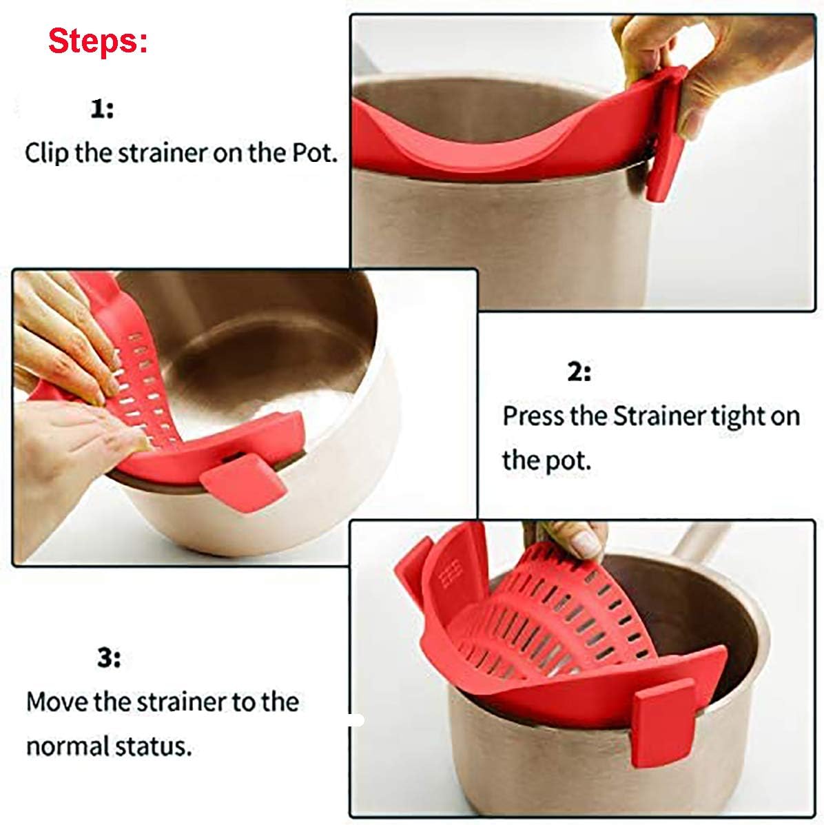 Snap Strainer, Clip-on Heat Resistant Silicone Colander for Pots, Hands-free Pour Spout for Pasta, Vegetables