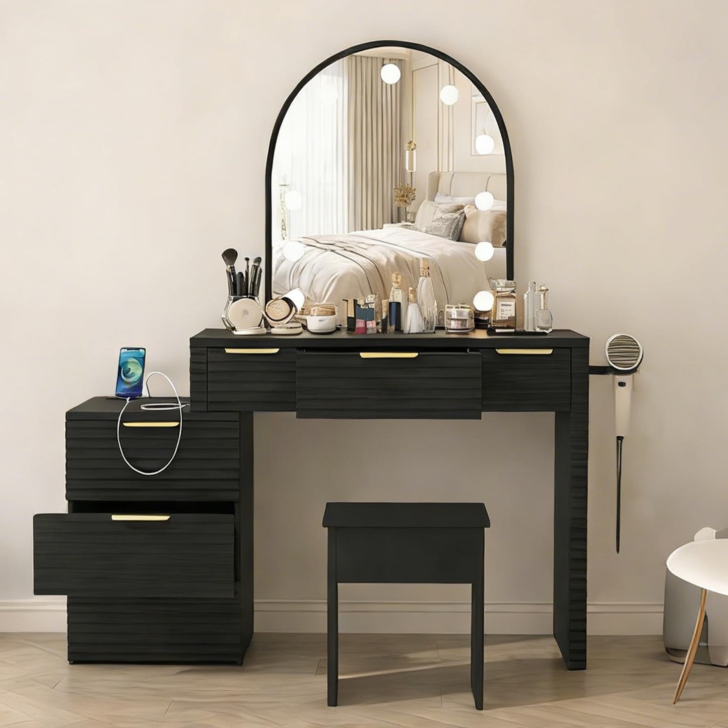AraSyleon Makeup Vanity Desk with Mirror Lights Black, Glass Tabletop 3 Lighting Modes Adjustable Vanity Table Modern Makeup Desk with Chair Power Outlet and 6 Drawers for Bedroom