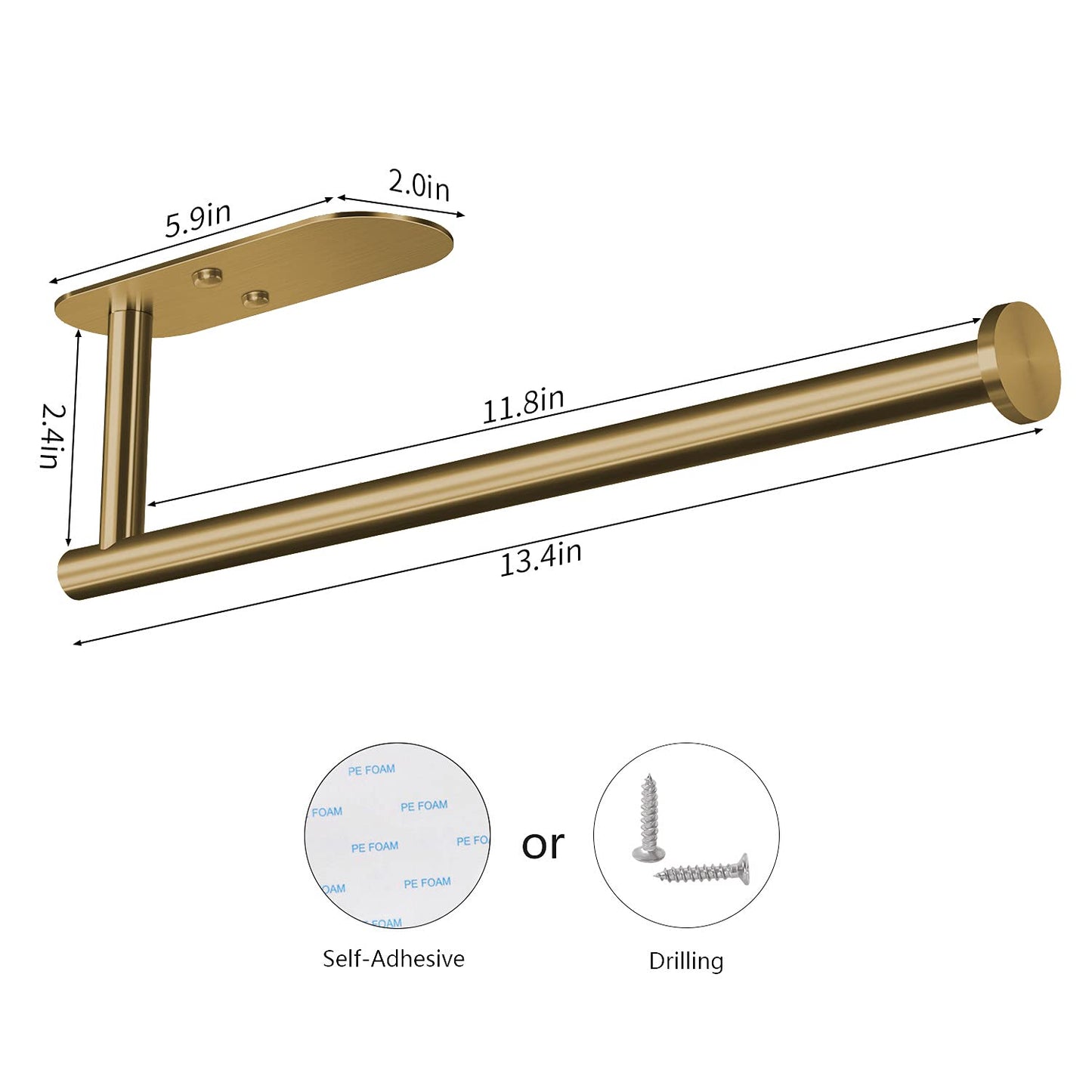 VAEHOLD Self Adhesive Paper Towel Holder Under Cabinet Wall Mounted Paper Towel Roll Holder for Kitchen Bathroom Wall - SUS304 Stainless Steel (Gold)
