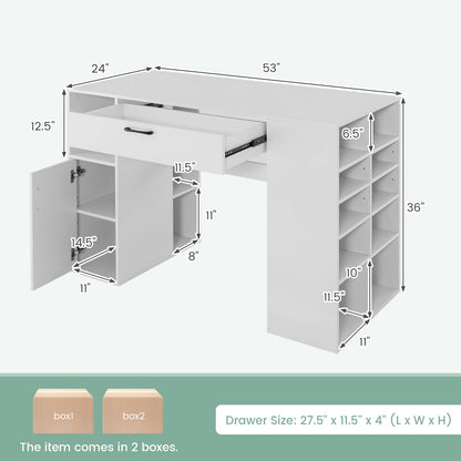 Giantex Craft Table with Storage, 53'' Artwork Sewing Table with 14 Cube Storage Shelves, Large Drawer, Cabinet with 2 Shelves, 36'' Counter Height Sewing Workstation White Drafting Writing Desk