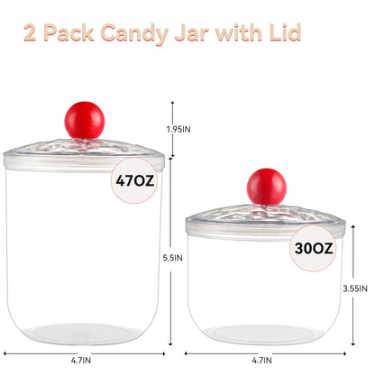 2 Pack Candy Jars with Lids - 47 & 30 OZ Clear Plastic Cookie Storage Containers Airtight Apothecary Canisters for Kitchen Home Decorative Pantry Office Party Organize Sugar Tea Coffee Snacks