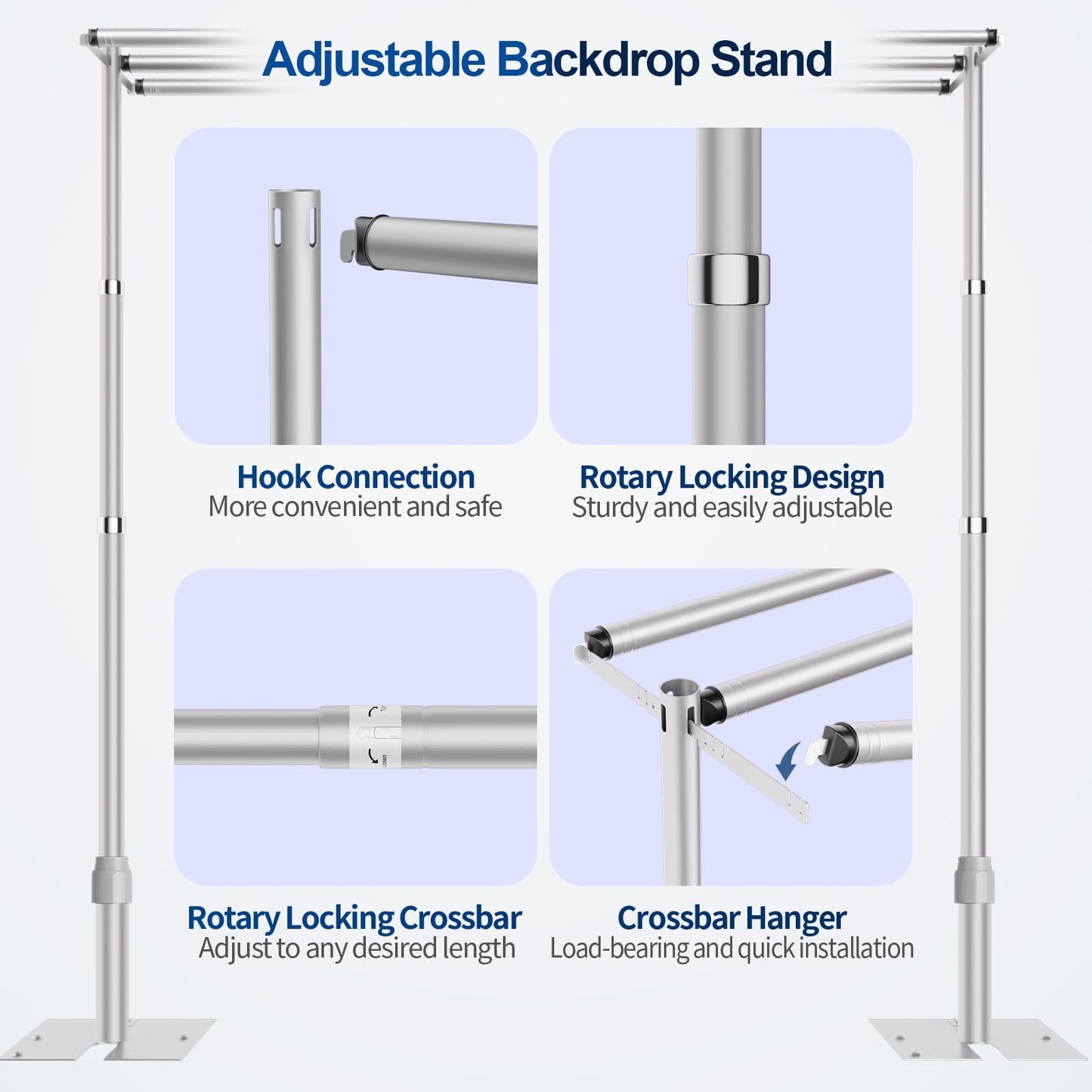 Qoolfoto 8.9x10ft Pipe and Drape Backdrop Stand, Three Crossbar, Heavy Duty Adjustable Background Frame with Metal Base for Parties Photography Wedding Photoshoot Decoration
