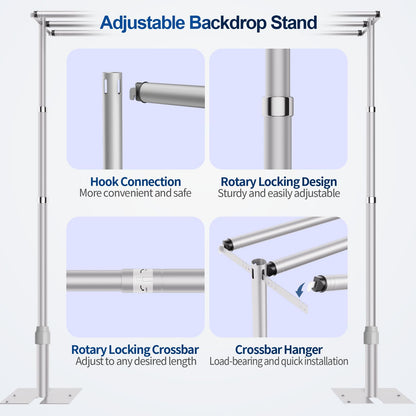 Qoolfoto 8.9x10ft Pipe and Drape Backdrop Stand, Three Crossbar, Heavy Duty Adjustable Background Frame with Metal Base for Parties Photography Wedding Photoshoot Decoration