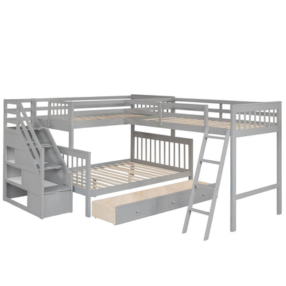 Merax Bunk Bed with a Loft Attached, Triple Bedframe with Drawers, Guardrails and Ladders, Gray Platform, L-Shaped Twin Over Full