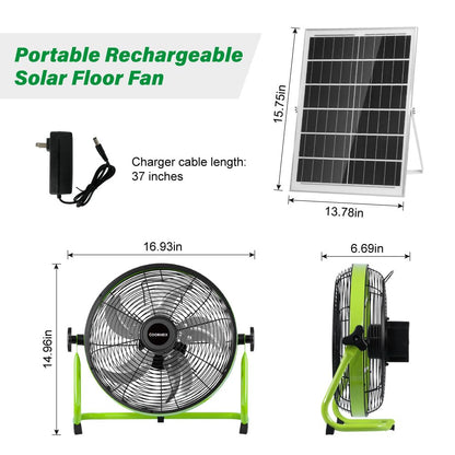 COORHEIX 12'' Solar Powered Floor Fan Rechargeable, 18000mAh Battery Operated Fan 5-Blade Portable Outdoor Fan 360° Tilt for Outside, Greenhouse, Camping, Shed