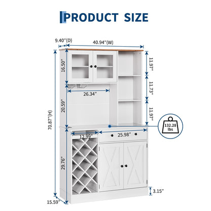 GarveeLife Tall Coffee Bar Cabinet with Wine Rack – Modern Sideboard Buffet, Barn Doors, Storage Hutch, Power Outlets, Glass Holder – for Dining Room, Kitchen, or Living Room – White + Light Walnut