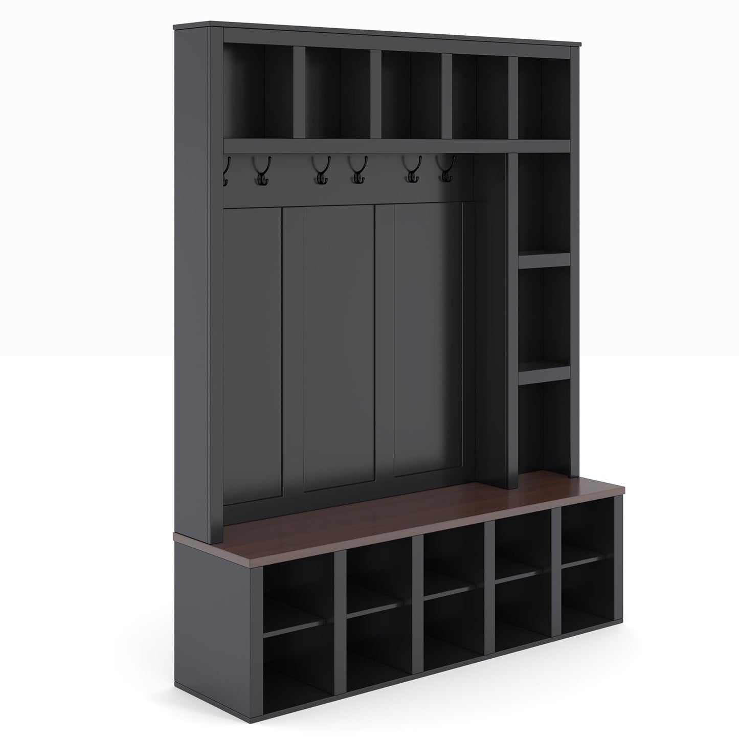 Merax Hall Tree with Bench and Shoe Storage, Farmhouse Wooden Coat Rack with 6 Hooks, Built-in 18 Open Compartments, for Entryway, Living Room, Black