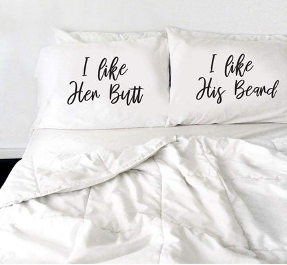 Signatives I Like Her Butt I Like His Beard Pillow Cases, Set of 2 White Pillow Covers for Couples Gifts