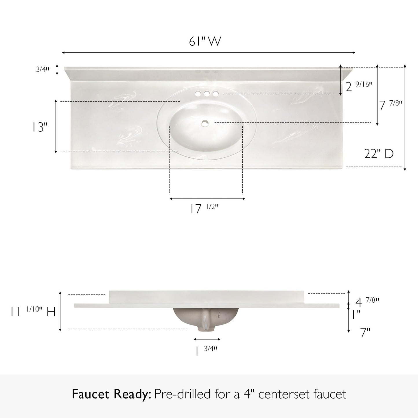 Design House Cultured Marble Vanity Top, 61 in W x 22 in D, Integrated 4 in Centerset Oval Sink & Backsplash, Ivory Swirl, 597419