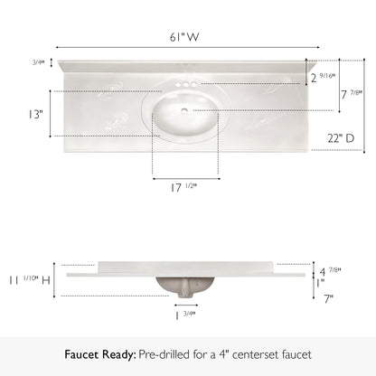 Design House Cultured Marble Vanity Top, 61 in W x 22 in D, Integrated 4 in Centerset Oval Sink & Backsplash, Ivory Swirl, 597419